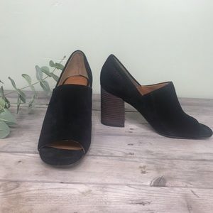 Franco Sarto | black open toe suede stacked heels